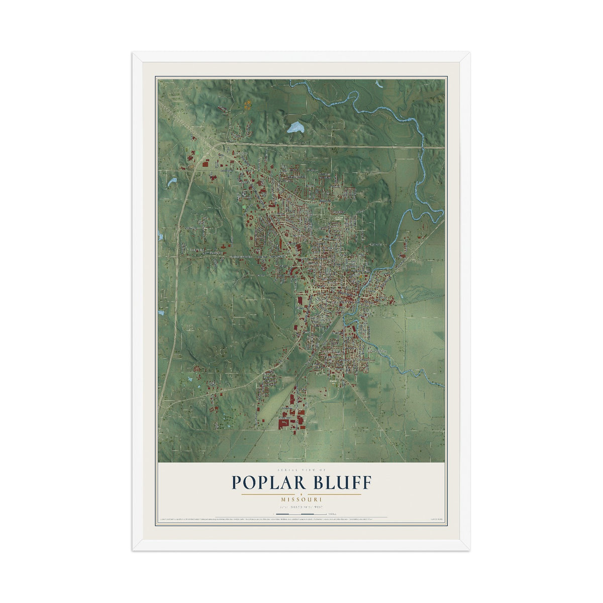 Map of Poplar Bluff, Missouri, 12 x 18 inch print in a white wood frame