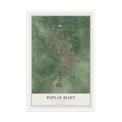 Map of Poplar Bluff, Missouri, 12 x 18 inch print in a white wood frame