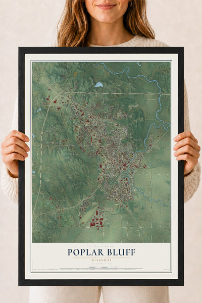 Map of Poplar Bluff, Missouri, 18 x 24 inch print in a black wood frame