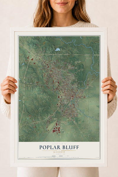 Map of Poplar Bluff, Missouri, 18 x 24 inch print in a white wood frame