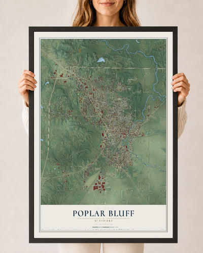 Map of Poplar Bluff, Missouri, 24 x 36 inch print in a black wood frame