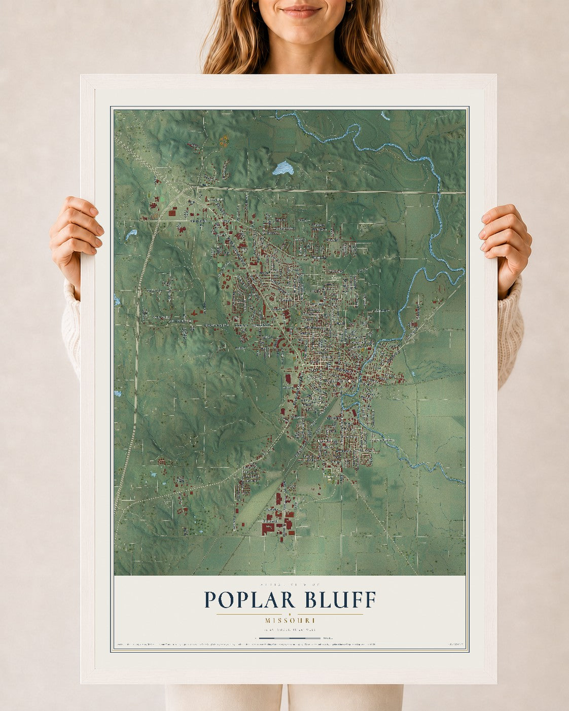 Map of Poplar Bluff, Missouri, 24 x 36 inch print in a white wood frame