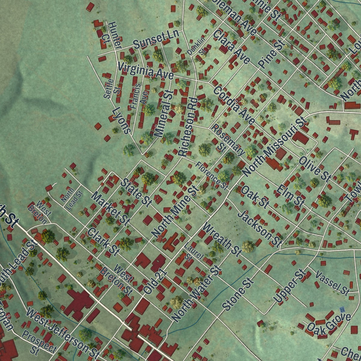 Close-up of the map of Potosi, Missouri print showing street and building detail