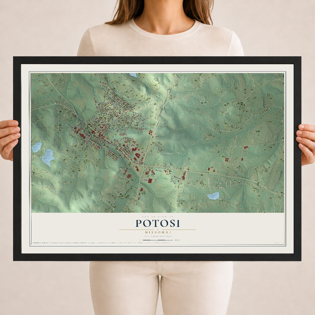 Map of Potosi, Missouri, 18 x 24 inch print in a black wood frame