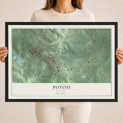 Map of Potosi, Missouri, 18 x 24 inch print in a black wood frame
