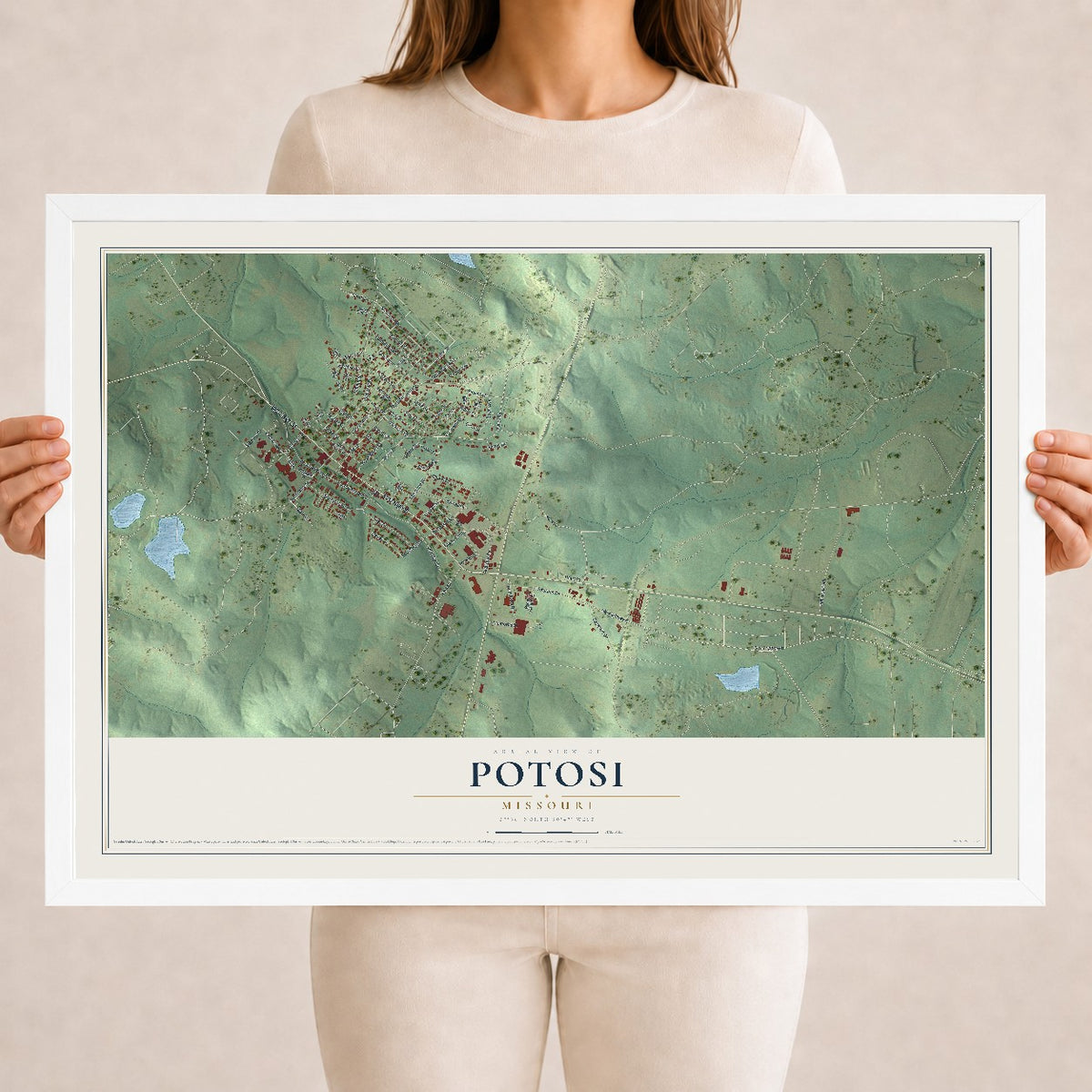 Map of Potosi, Missouri, 18 x 24 inch print in a white wood frame