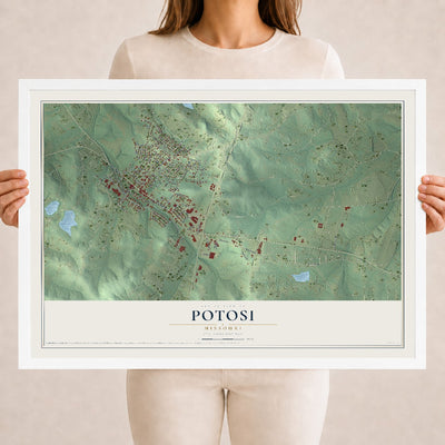 Map of Potosi, Missouri, 18 x 24 inch print in a white wood frame