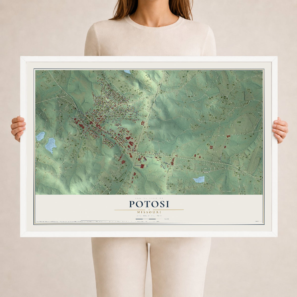 Map of Potosi, Missouri, 24 x 36 inch print in a white wood frame
