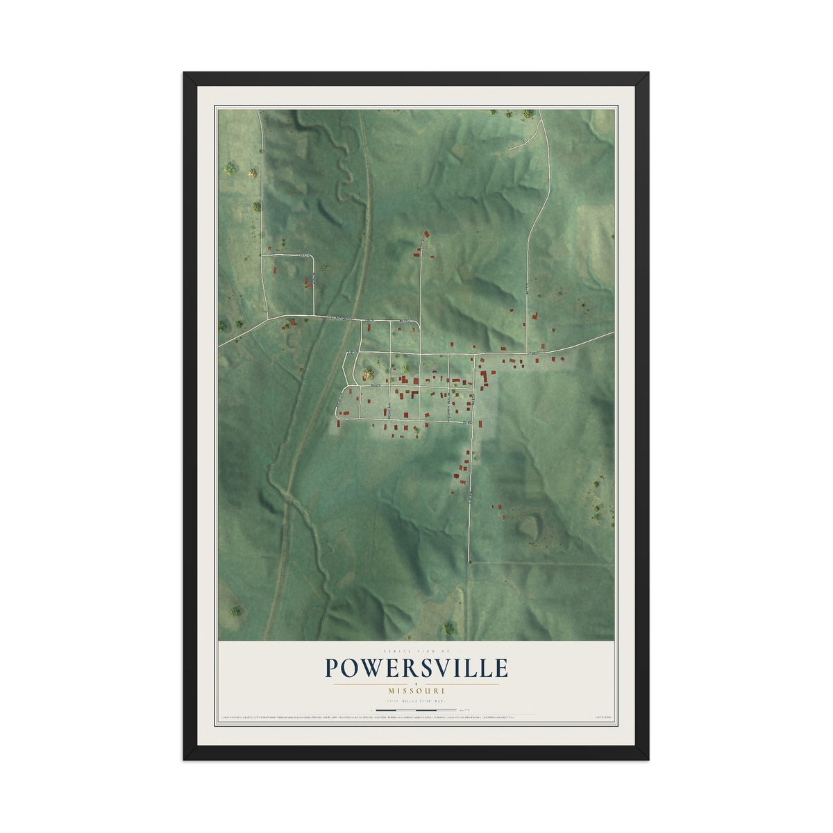Map of Powersville, Missouri, 12 x 18 inch print in a black wood frame