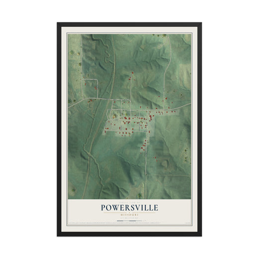 Map of Powersville, Missouri, 12 x 18 inch print in a black wood frame