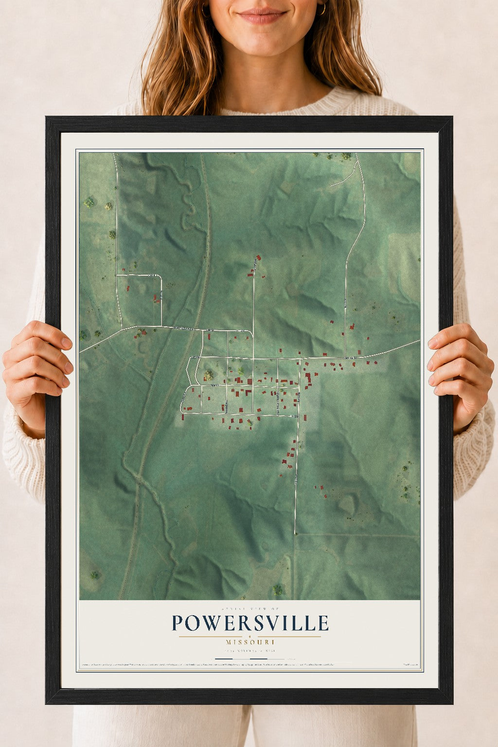 Map of Powersville, Missouri, 18 x 24 inch print in a black wood frame