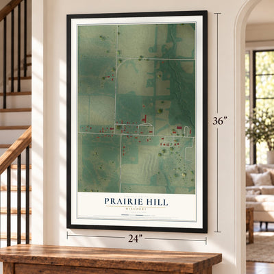 Prairie Hill, Missouri map, 24 x 36 inch print in a black frame by a staircase