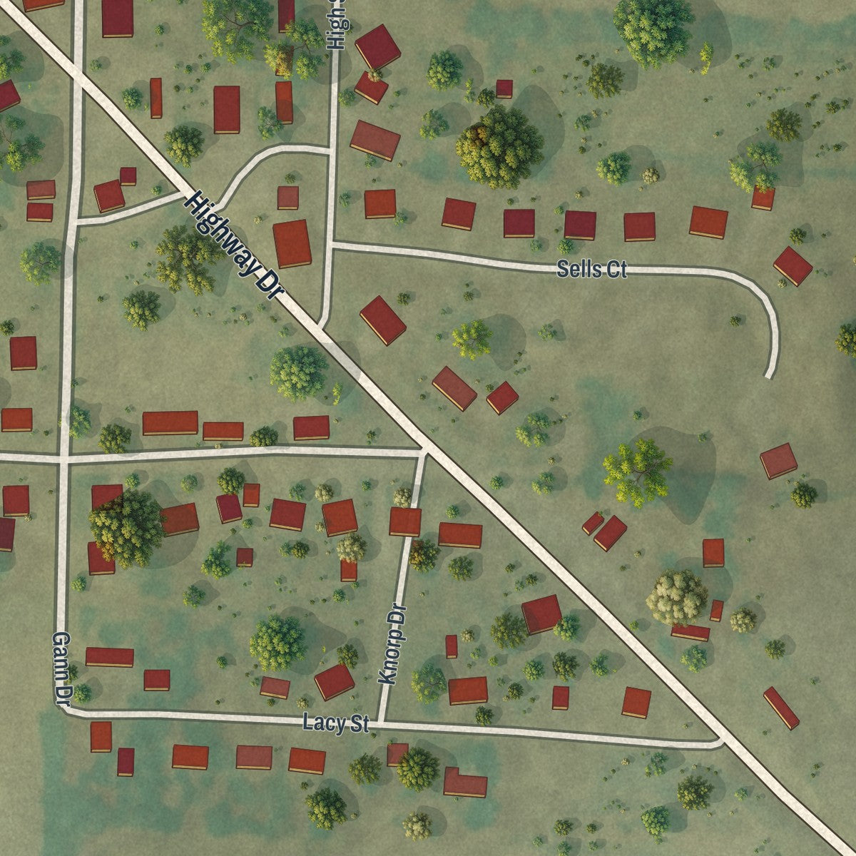 Close-up of the map of Prairie Home, Missouri print showing street and building detail