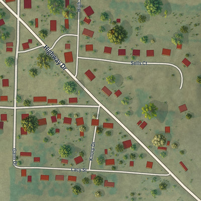 Close-up of the map of Prairie Home, Missouri print showing street and building detail