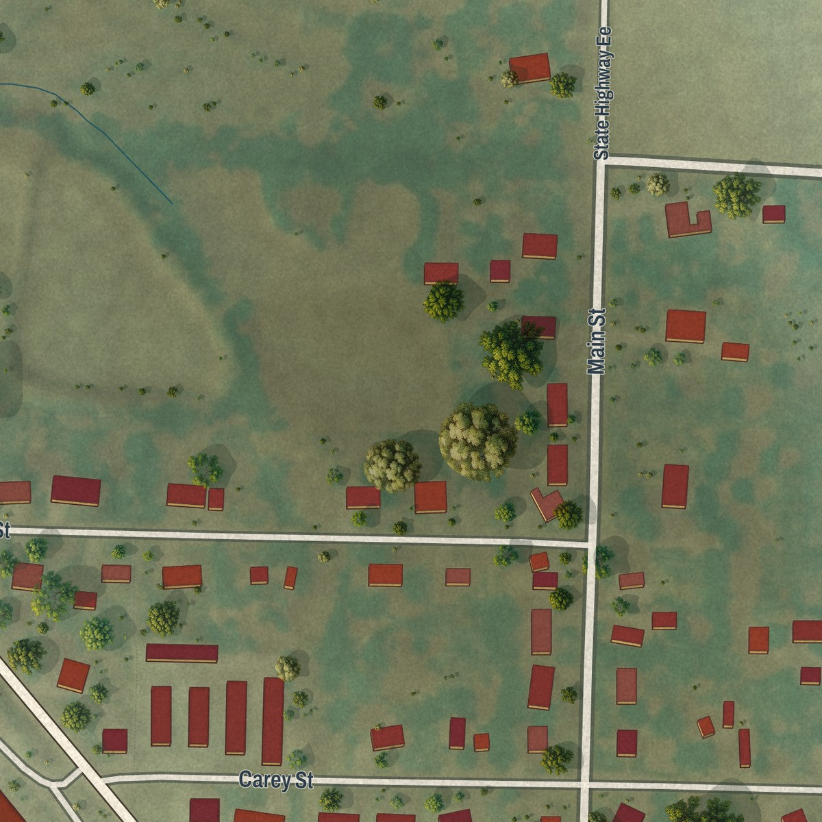 Second close-up of the map of Prairie Home, Missouri print showing more streets and buildings