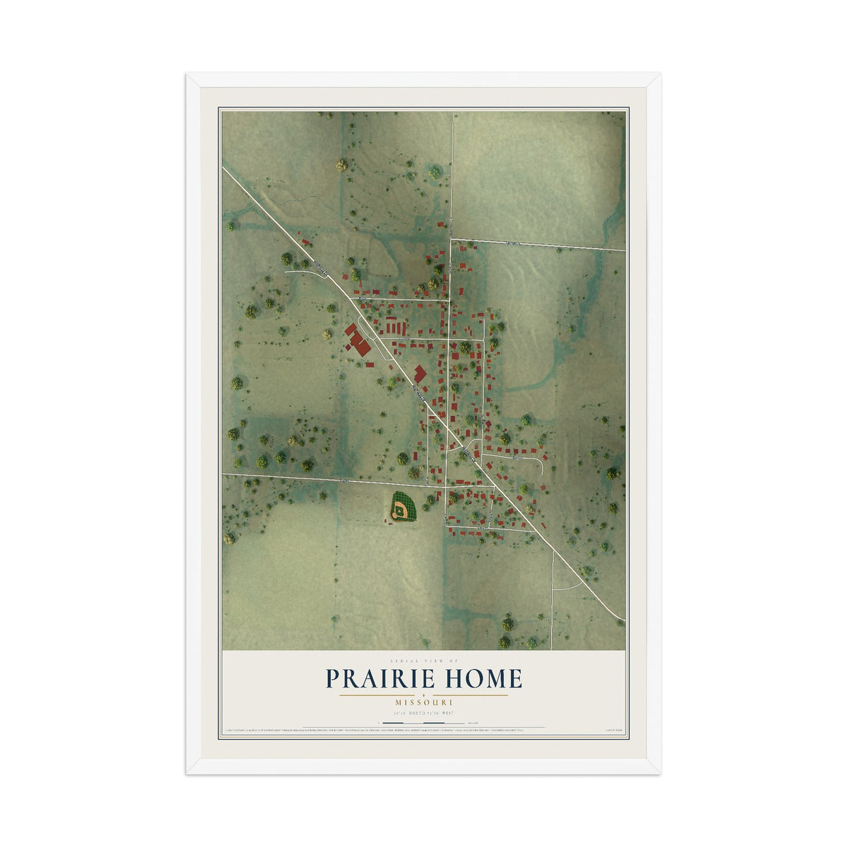 Map of Prairie Home, Missouri, 12 x 18 inch print in a white wood frame