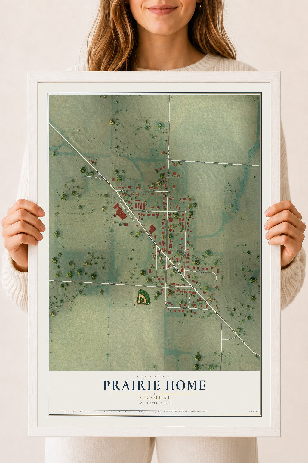 Map of Prairie Home, Missouri, 18 x 24 inch print in a white wood frame