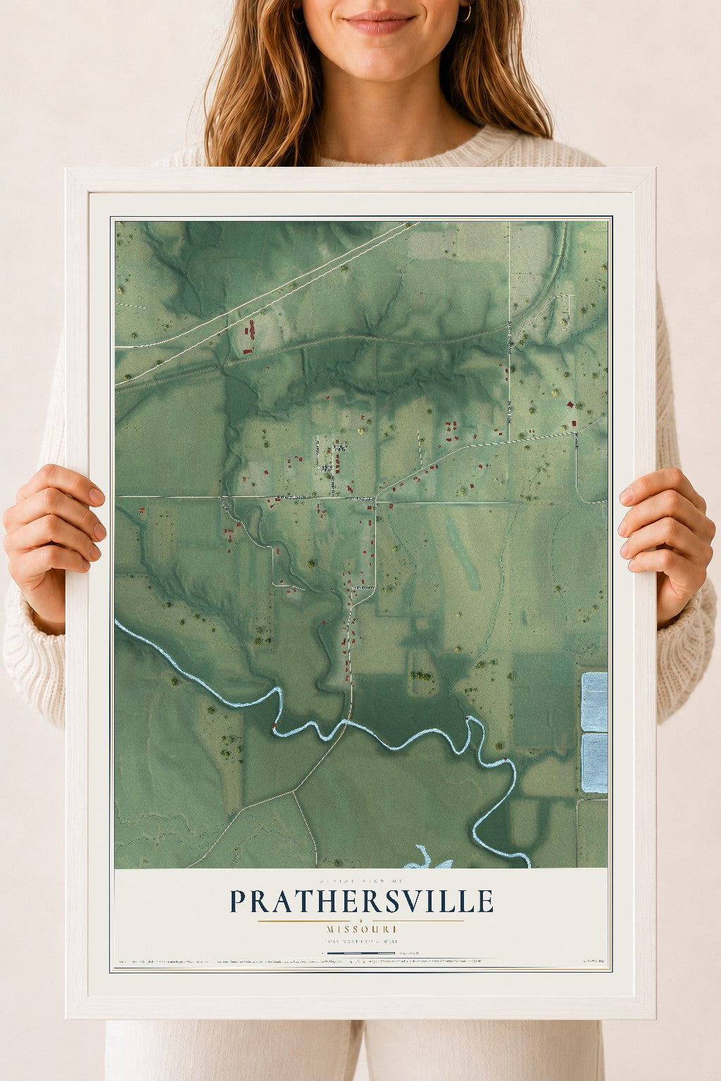 Map of Prathersville, Missouri, 18 x 24 inch print in a white wood frame