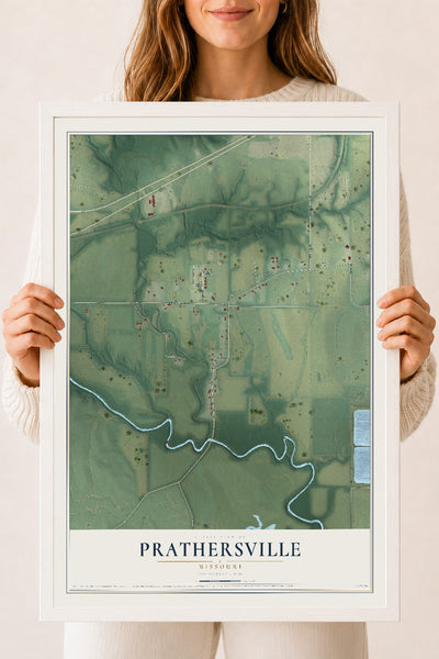 Map of Prathersville, Missouri, 18 x 24 inch print in a white wood frame