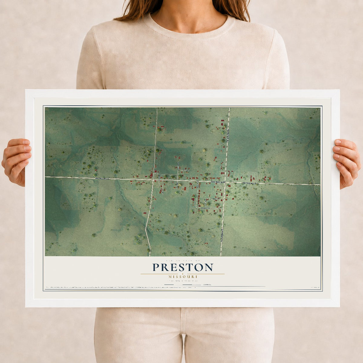 Map of Preston, Missouri, 12 x 18 inch print in a white wood frame