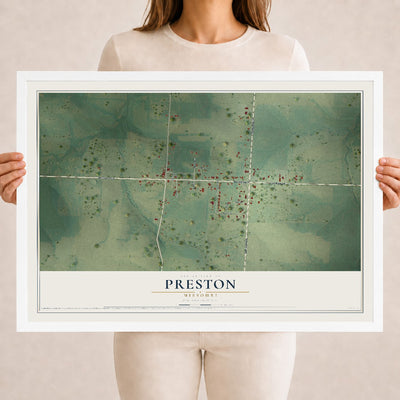 Map of Preston, Missouri, 18 x 24 inch print in a white wood frame