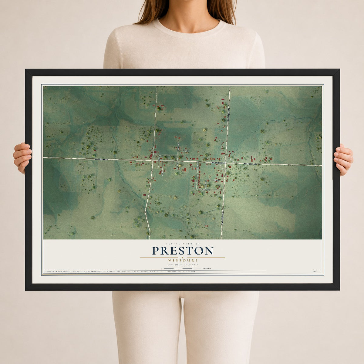 Map of Preston, Missouri, 24 x 36 inch print in a black wood frame