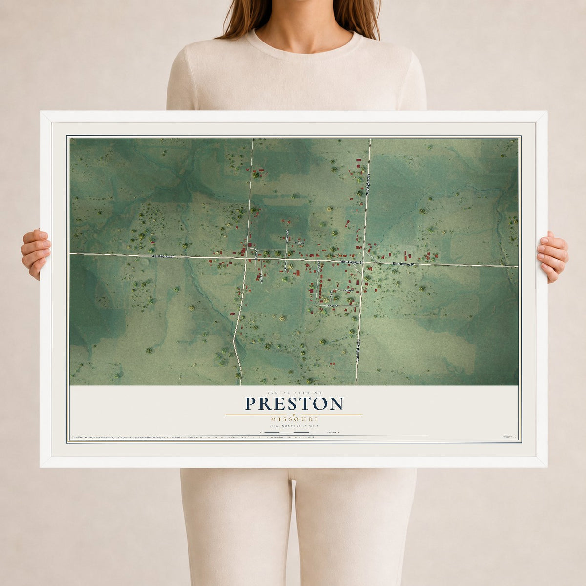 Map of Preston, Missouri, 24 x 36 inch print in a white wood frame