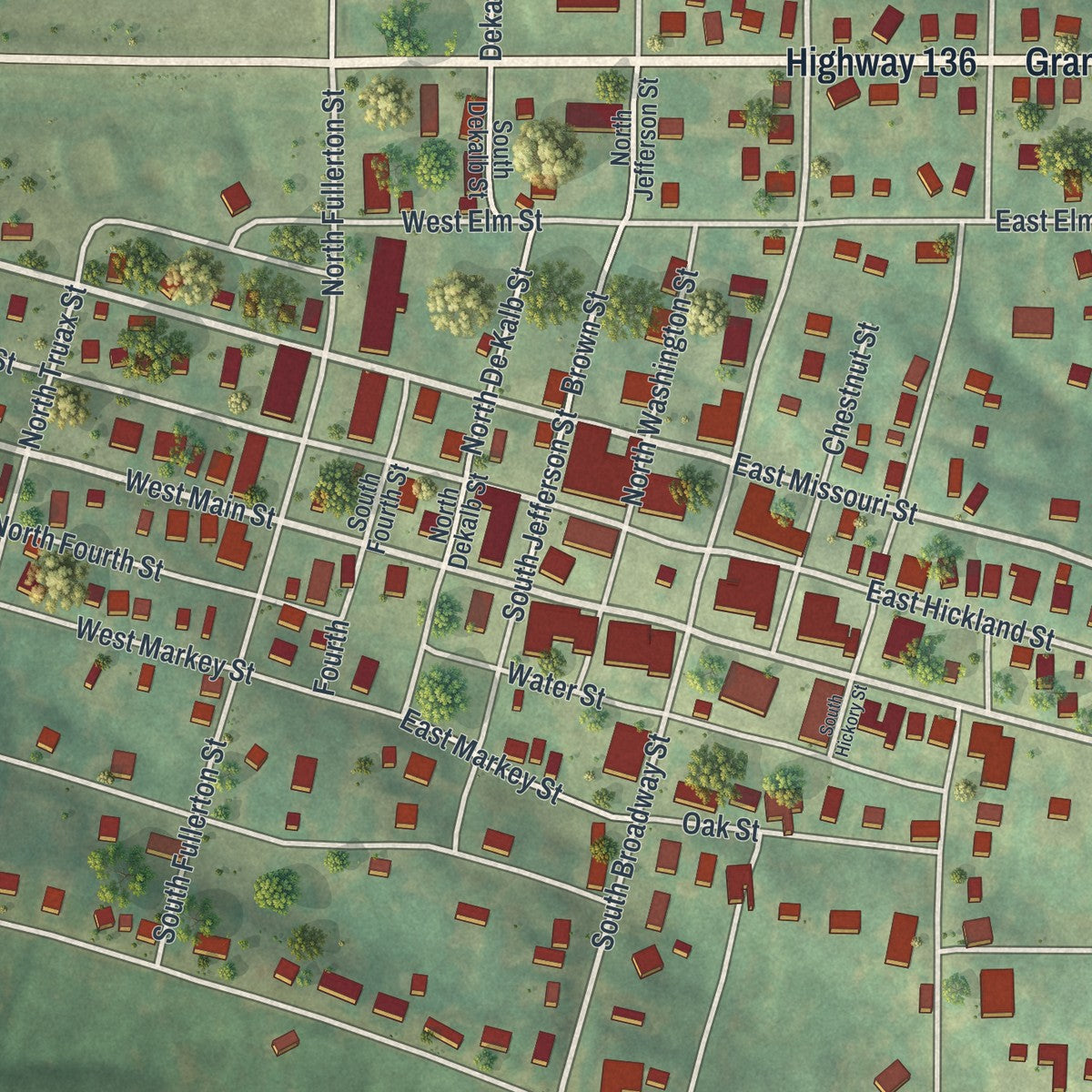 Close-up of the map of Princeton, Missouri print showing street and building detail