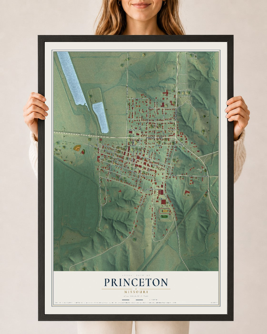 Map of Princeton, Missouri, 24 x 36 inch print in a black wood frame