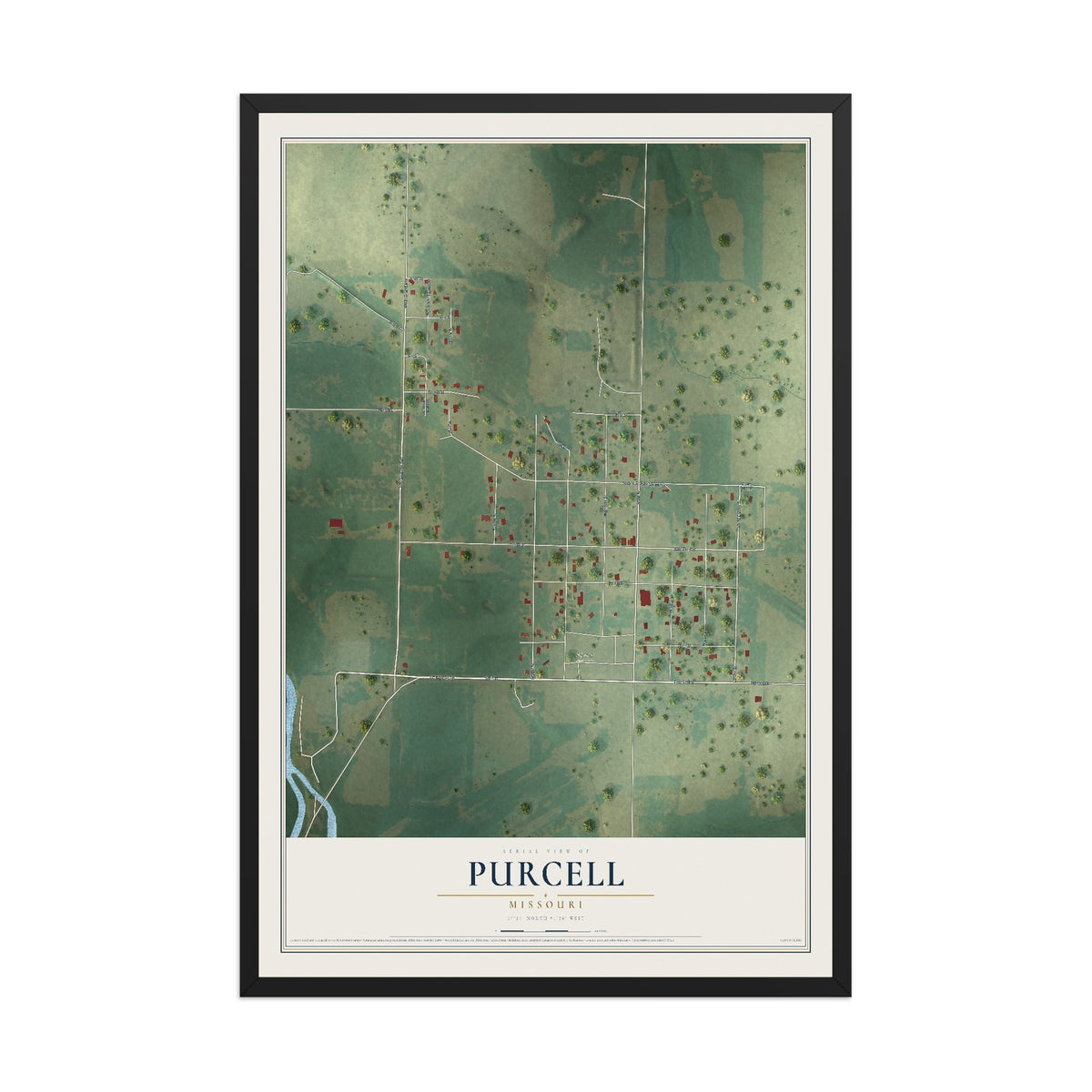 Map of Purcell, Missouri, 12 x 18 inch print in a black wood frame