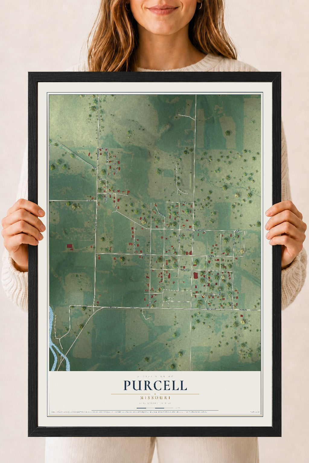 Map of Purcell, Missouri, 18 x 24 inch print in a black wood frame