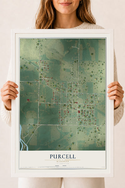Map of Purcell, Missouri, 18 x 24 inch print in a white wood frame