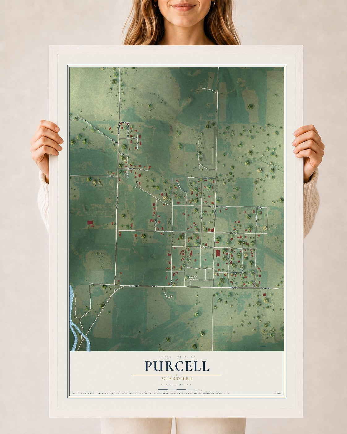 Map of Purcell, Missouri, 24 x 36 inch print in a white wood frame