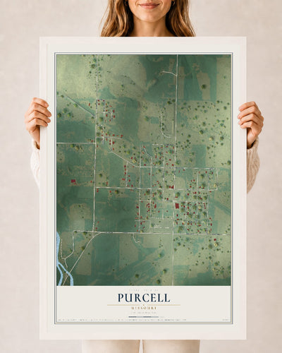 Map of Purcell, Missouri, 24 x 36 inch print in a white wood frame