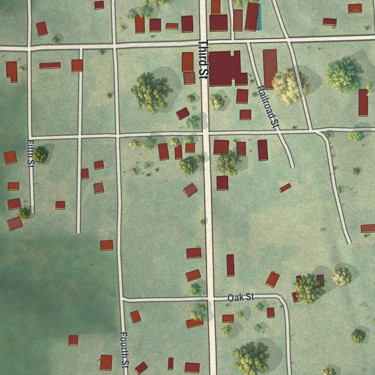 Close-up of the map of Purdin, Missouri print showing street and building detail