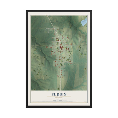 Map of Purdin, Missouri, 12 x 18 inch print in a black wood frame
