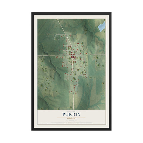 Map of Purdin, Missouri, 12 x 18 inch print in a black wood frame