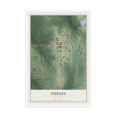 Map of Purdin, Missouri, 12 x 18 inch print in a white wood frame