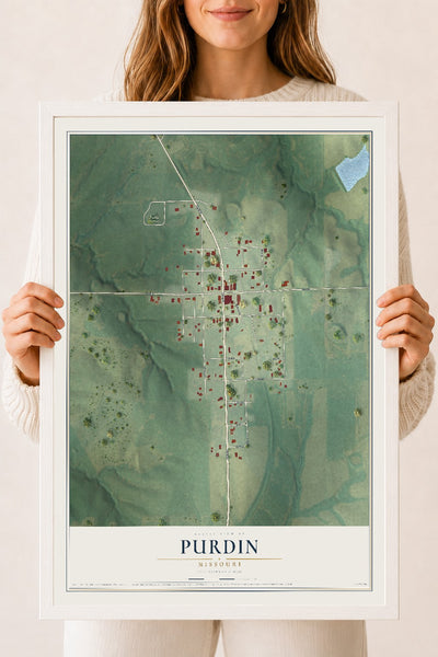 Map of Purdin, Missouri, 18 x 24 inch print in a white wood frame