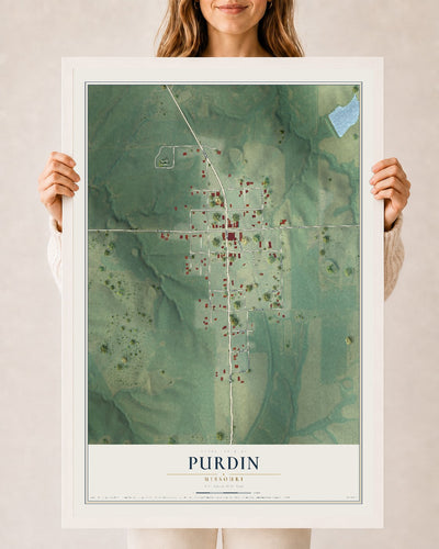 Map of Purdin, Missouri, 24 x 36 inch print in a white wood frame