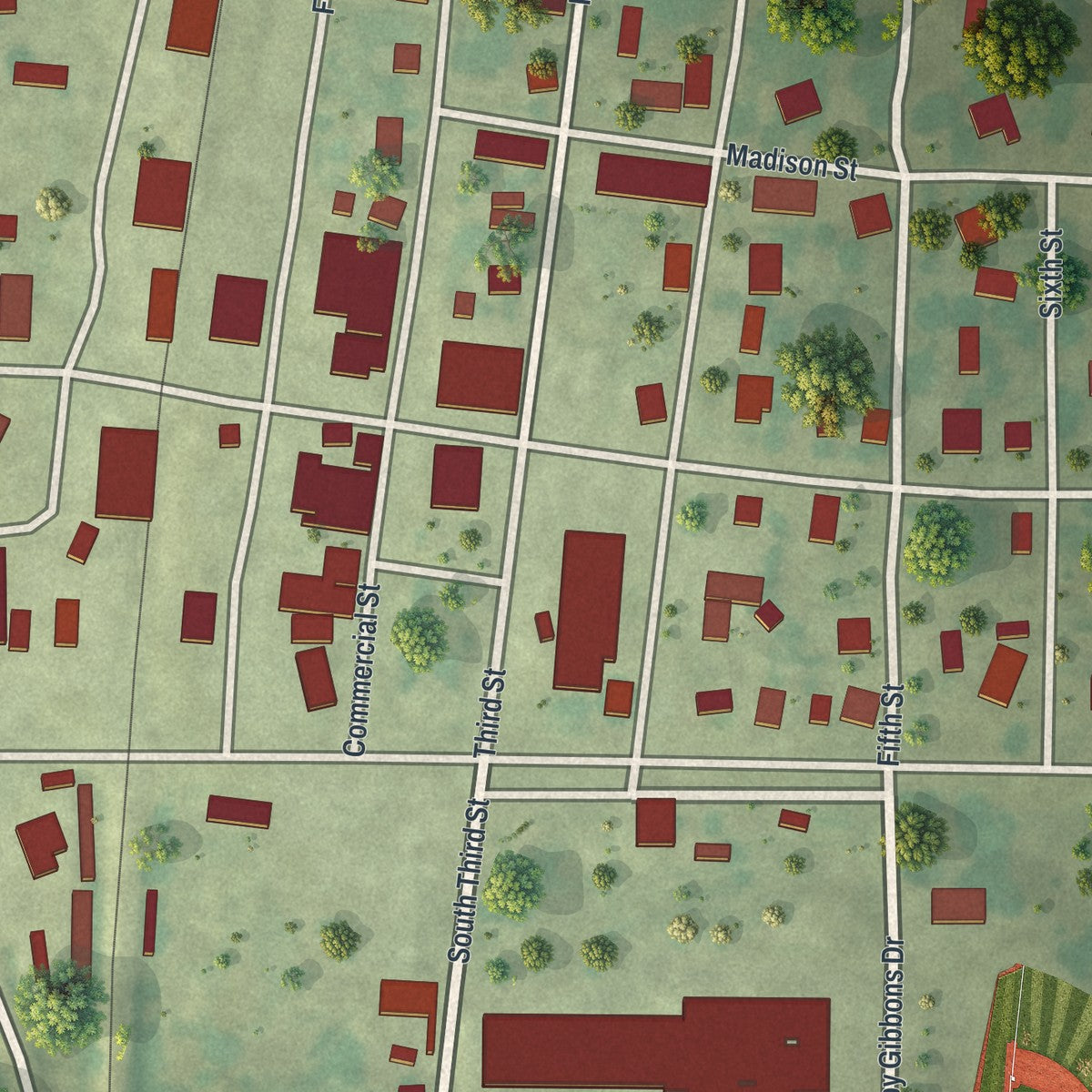 Close-up of the map of Purdy, Missouri print showing street and building detail