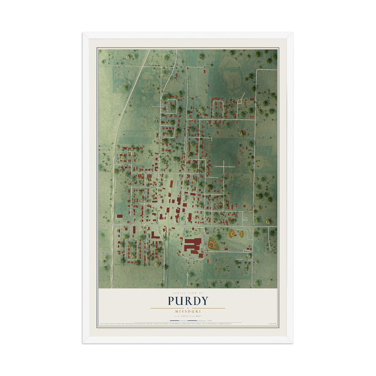 Map of Purdy, Missouri, 12 x 18 inch print in a white wood frame
