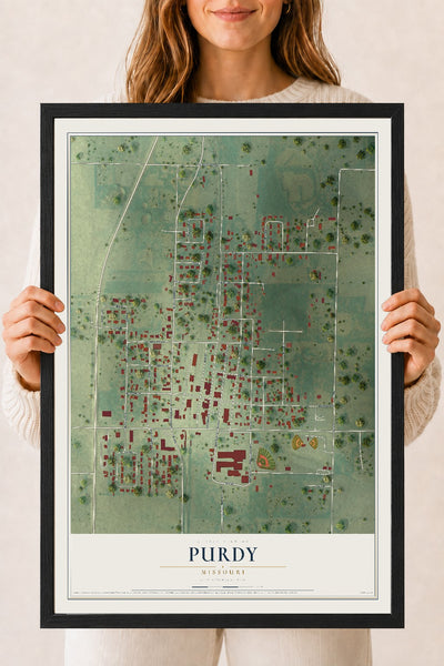 Map of Purdy, Missouri, 18 x 24 inch print in a black wood frame