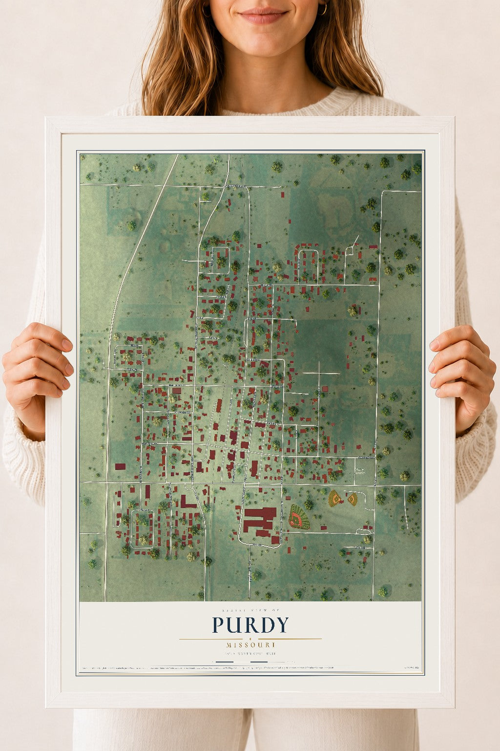 Map of Purdy, Missouri, 18 x 24 inch print in a white wood frame