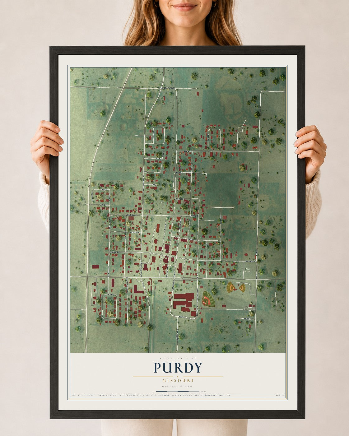 Map of Purdy, Missouri, 24 x 36 inch print in a black wood frame