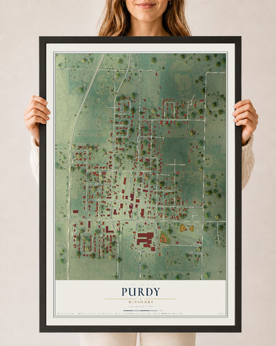 Map of Purdy, Missouri, 24 x 36 inch print in a black wood frame