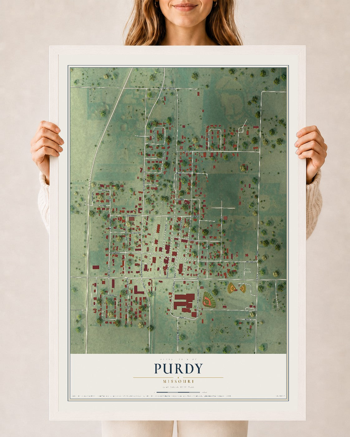 Map of Purdy, Missouri, 24 x 36 inch print in a white wood frame
