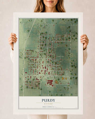 Map of Purdy, Missouri, 24 x 36 inch print in a white wood frame