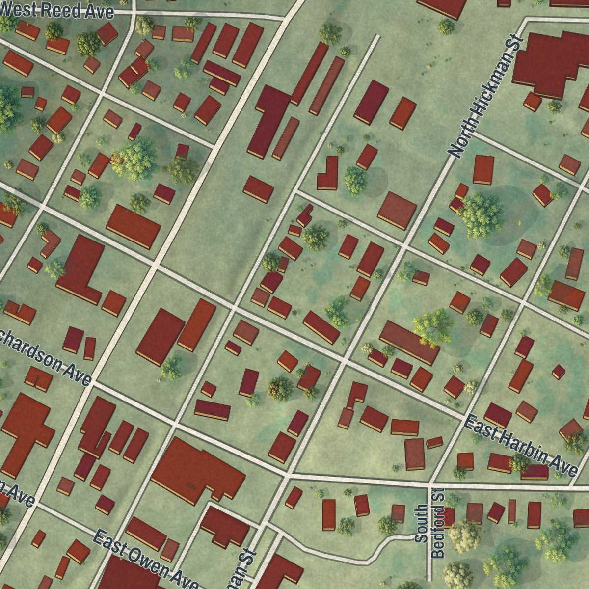 Close-up of the map of Puxico, Missouri print showing street and building detail