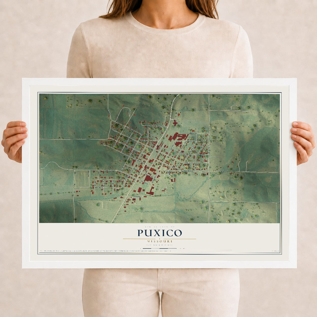 Map of Puxico, Missouri, 12 x 18 inch print in a white wood frame